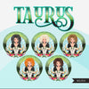 Zodiac Taurus Clipart, Descarga digital Png, Gráficos de sublimación para Cricut &amp; Cameo, Diseños de signos del horóscopo de mujer de cabello rizado caucásico