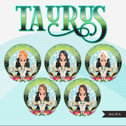 Zodiac Taurus Clipart, Png digital download, Sublimation Graphics for Cricut & Cameo, Caucasian short bob hair Woman Horoscope sign designs