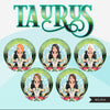 Zodiac Taurus Clipart, Png digital download, Sublimation Graphics for Cricut & Cameo, Caucasian short bob hair Woman Horoscope sign designs