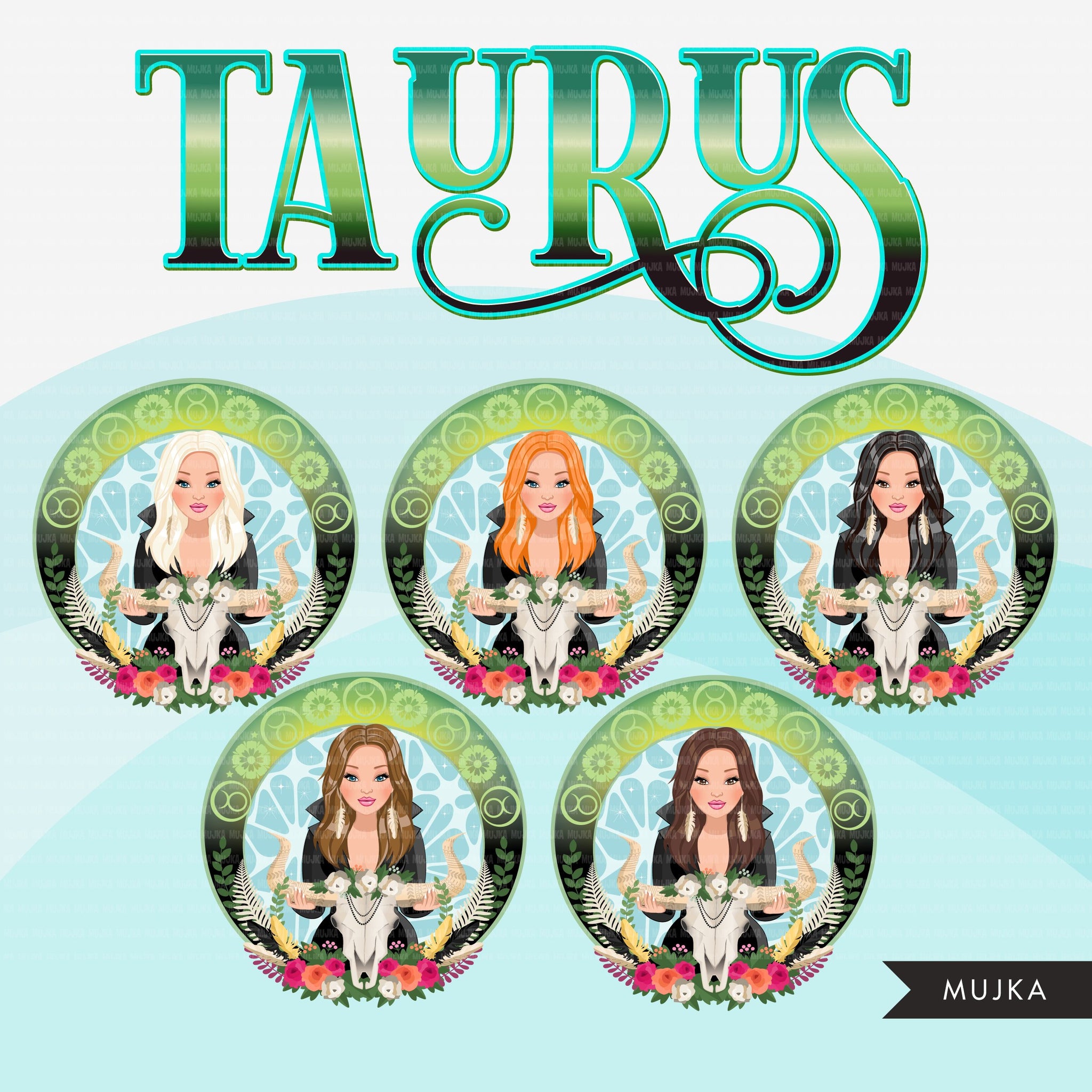 Zodiac Taurus Clipart, Png digital download, Sublimation Graphics for Cricut & Cameo, Caucasian long hair Woman Horoscope sign designs