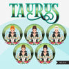 Zodiac Taurus Clipart, Png digital download, Sublimation Graphics for Cricut & Cameo, Caucasian updo hair Woman Horoscope sign designs