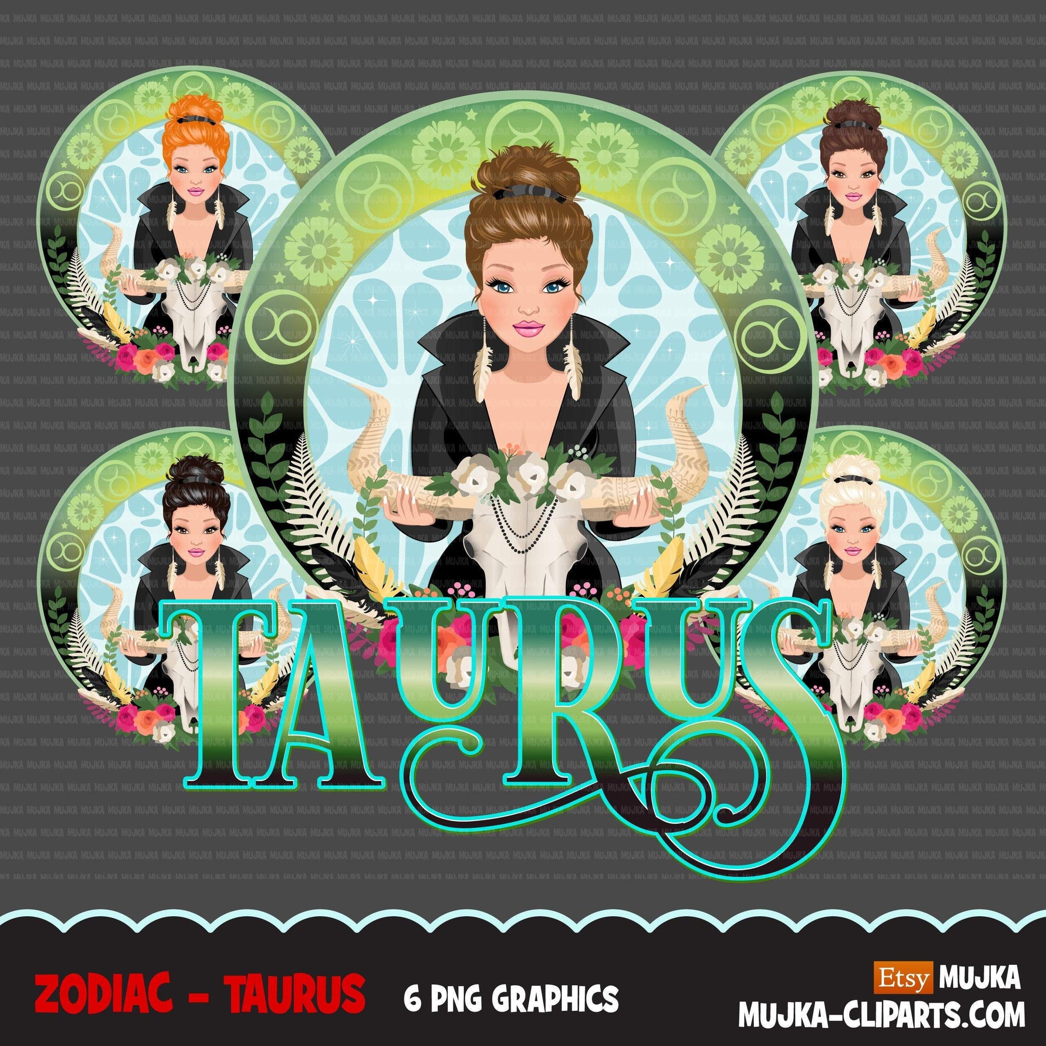 Zodiac Taurus Clipart, Png digital download, Sublimation Graphics for Cricut & Cameo, Caucasian updo hair Woman Horoscope sign designs