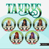 Zodiac Taurus Clipart, Descarga digital Png, Gráficos de sublimación para Cricut &amp; Cameo, Diseños de signos del horóscopo de mujer Black BRAIDS