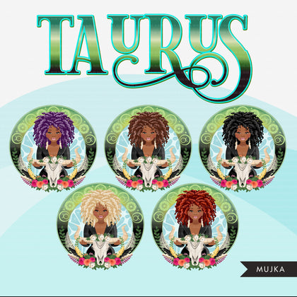 Zodiac Taurus Clipart, Png digital download, Sublimation Graphics for Cricut & Cameo, Black Curly hair Woman Horoscope sign designs