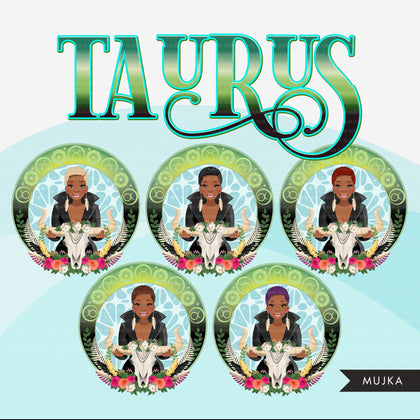 Zodiac Taurus Clipart, Png digital download, Sublimation Graphics for Cricut & Cameo, Black Woman Horoscope sign designs