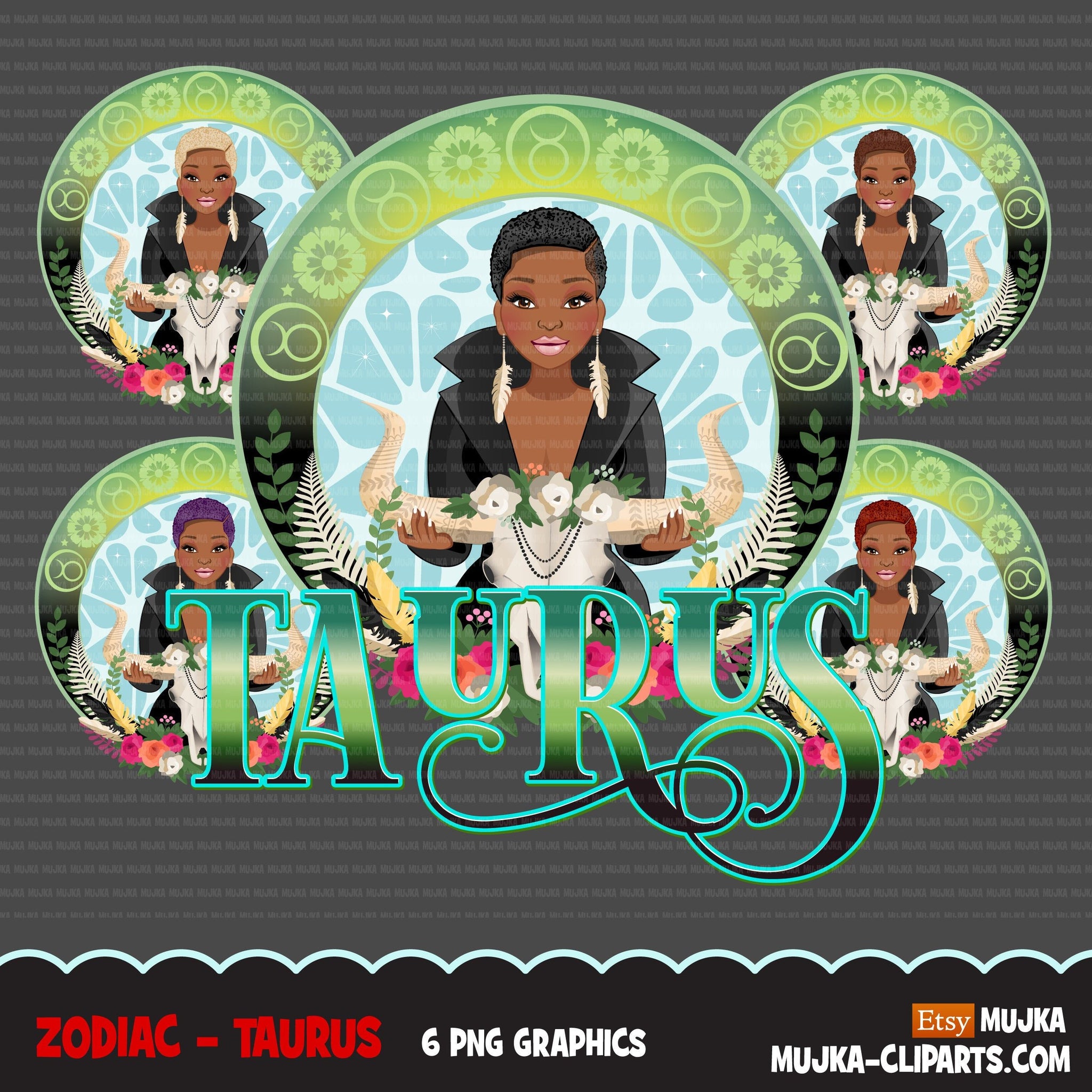 Zodiac Taurus Clipart, Png digital download, Sublimation Graphics for Cricut & Cameo, Black Woman Horoscope sign designs