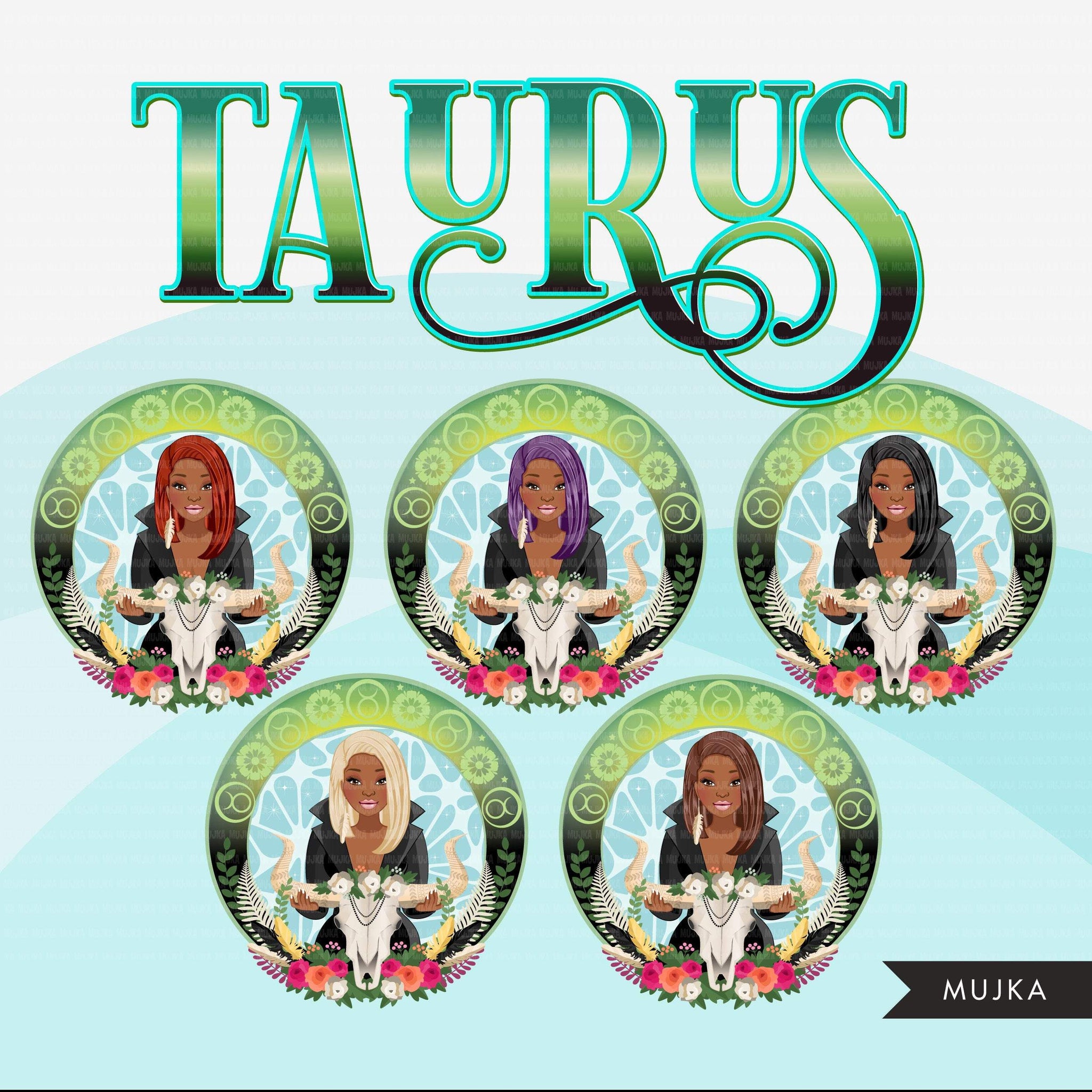 Zodiac Taurus Clipart, descarga digital Png, gráficos de sublimación para Cricut &amp; Cameo, diseños de signos del horóscopo de mujer negra