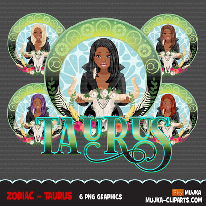 Zodiac Taurus Clipart, Png digital download, Sublimation Graphics for Cricut & Cameo, Black Woman Horoscope sign designs