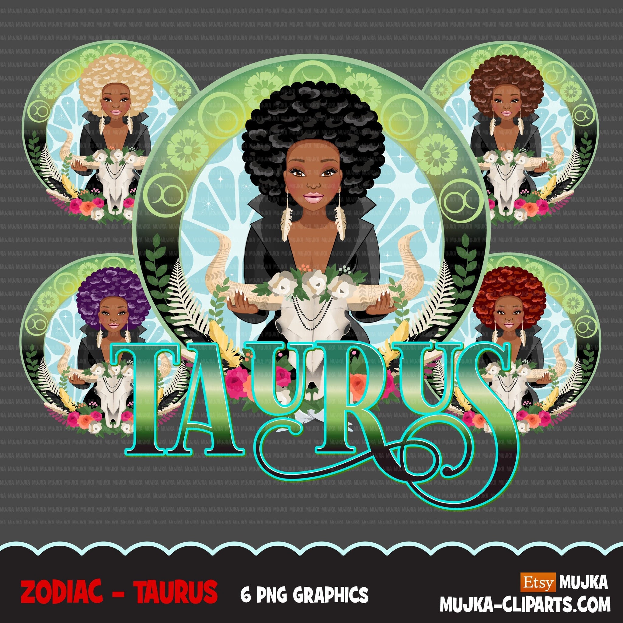 Zodiac Taurus Clipart, Png digital download, Sublimation Graphics for Cricut & Cameo, Black Afro Woman Horoscope sign designs