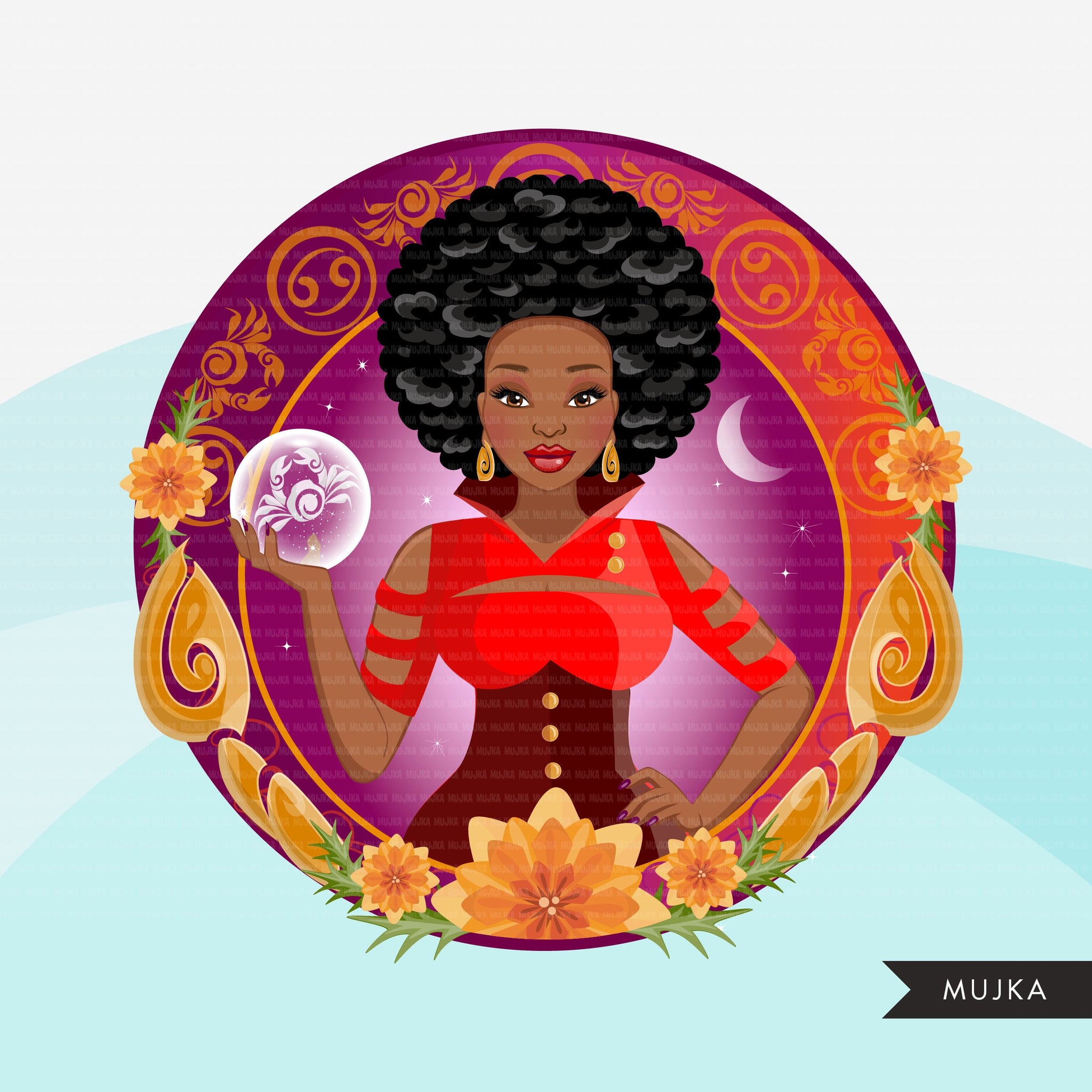 Zodiac Cancer Clipart, Png digital download, Sublimation Graphics for Cricut & Cameo, Black Afro Woman Horoscope sign designs