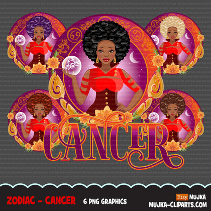 Zodiac Cancer Clipart, download digital Png, gráficos de sublimação para Cricut e Cameo, designs de signos do horóscopo da mulher negra afro