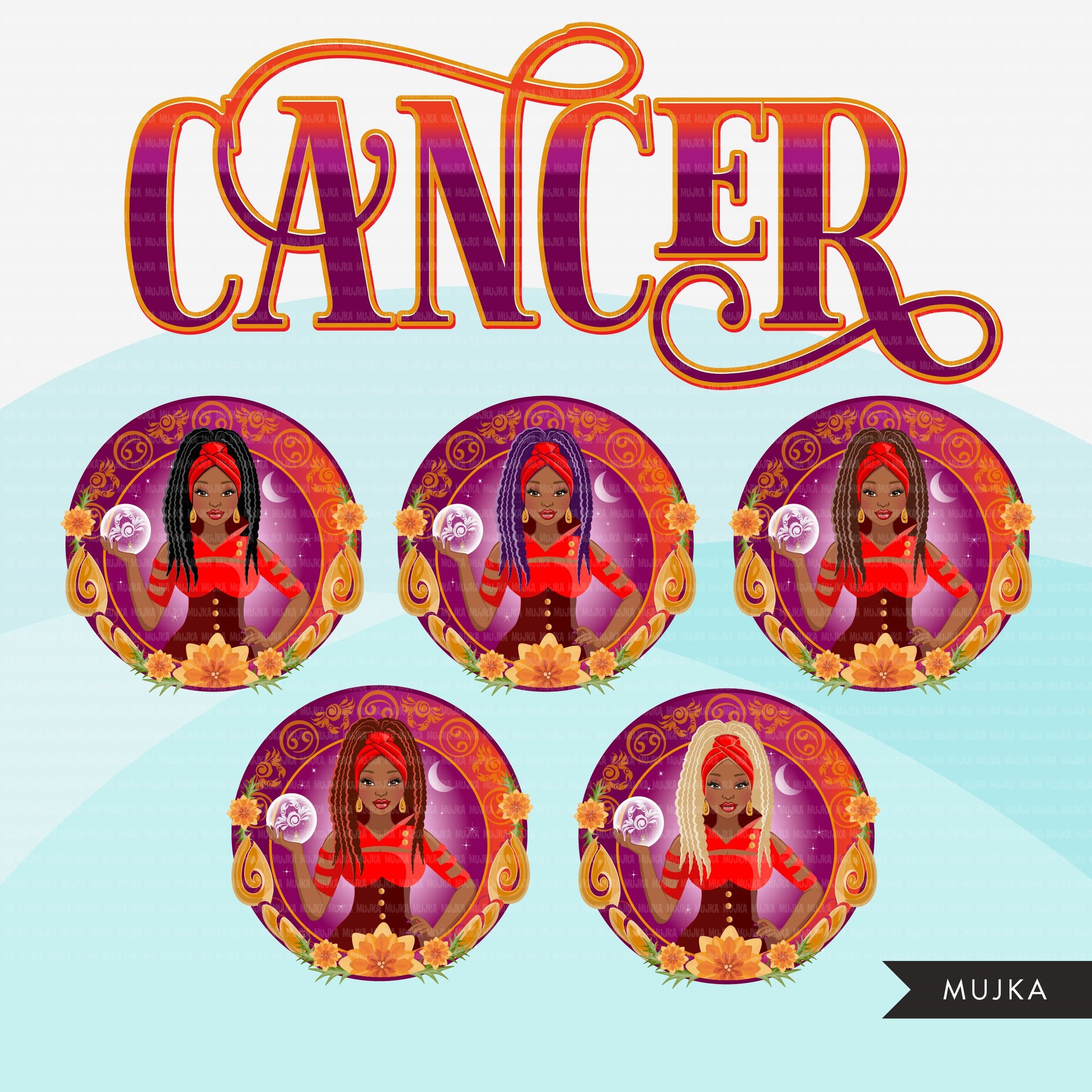 Zodiac Cancer Clipart, Png digital download, Sublimation Graphics for Cricut & Cameo, Black Braids Woman Horoscope sign designs