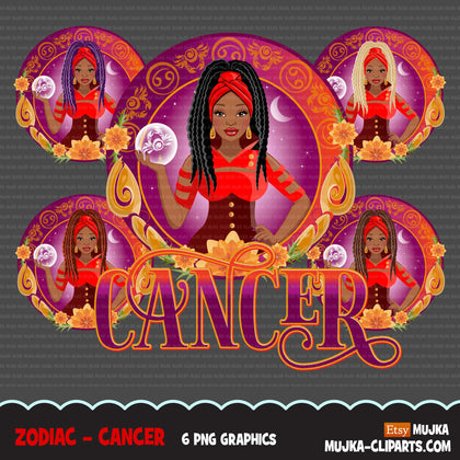 Zodiac Cancer Clipart, Png digital download, Sublimation Graphics for Cricut & Cameo, Black Braids Woman Horoscope sign designs