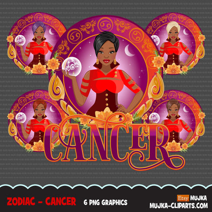 Zodiac Cancer Clipart, Png digital download, Sublimation Graphics for Cricut & Cameo, Black Short Hair Woman Horoscope sign designs