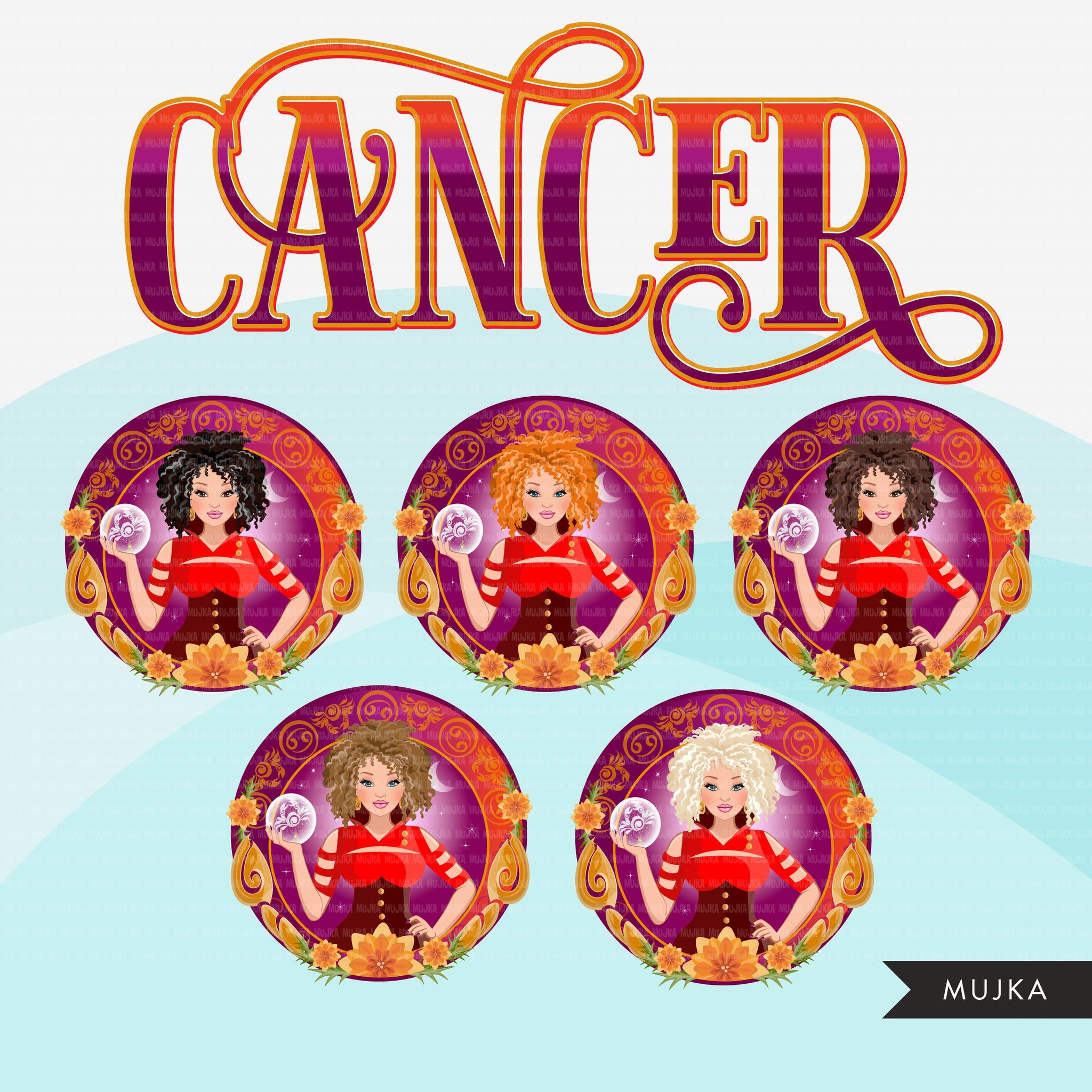 Zodiac Cancer Clipart, Png digital download, Sublimation Graphics for Cricut & Cameo, Caucasian Curly Hair Woman Horoscope sign designs