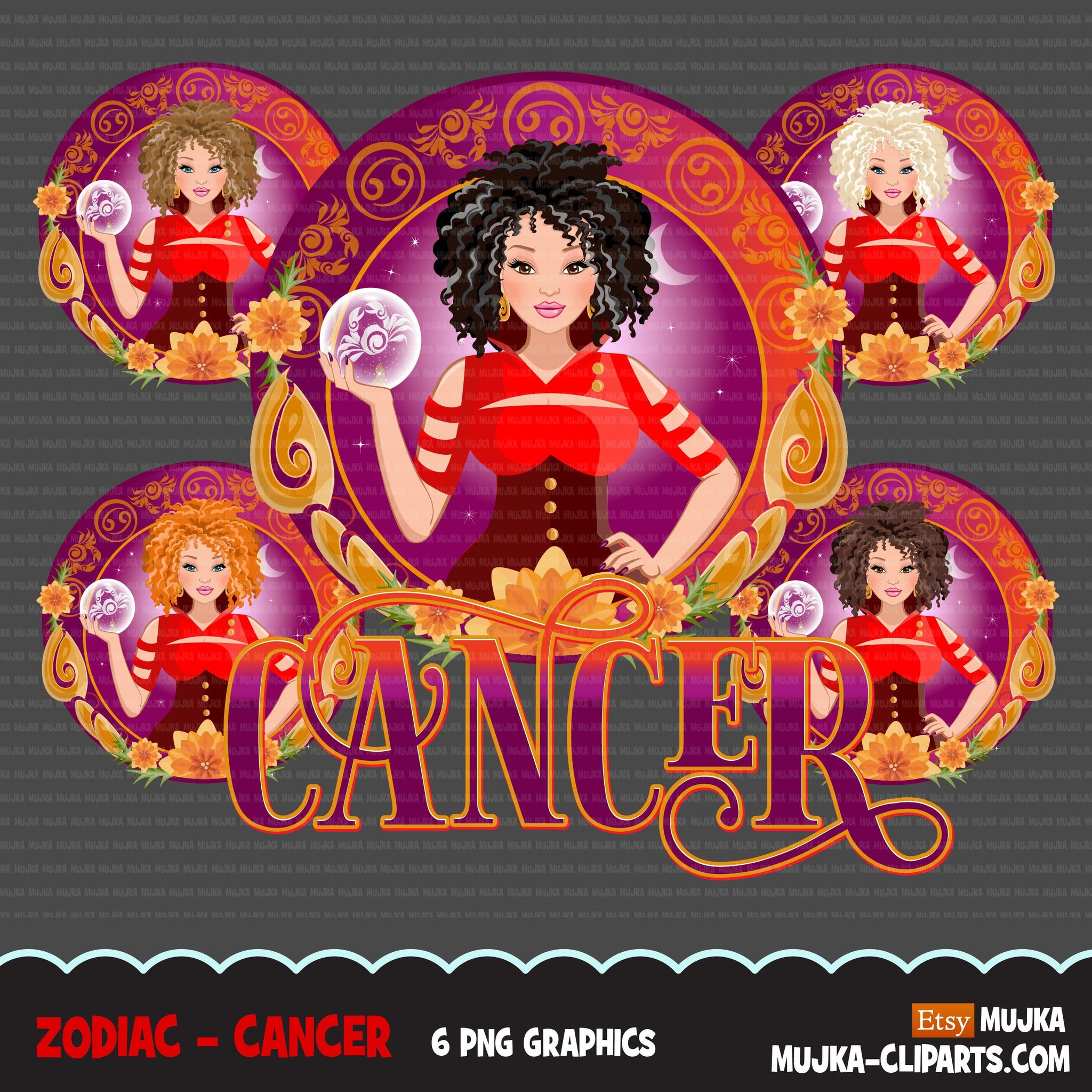 Zodiac Cancer Clipart, Png digital download, Sublimation Graphics for Cricut & Cameo, Caucasian Curly Hair Woman Horoscope sign designs