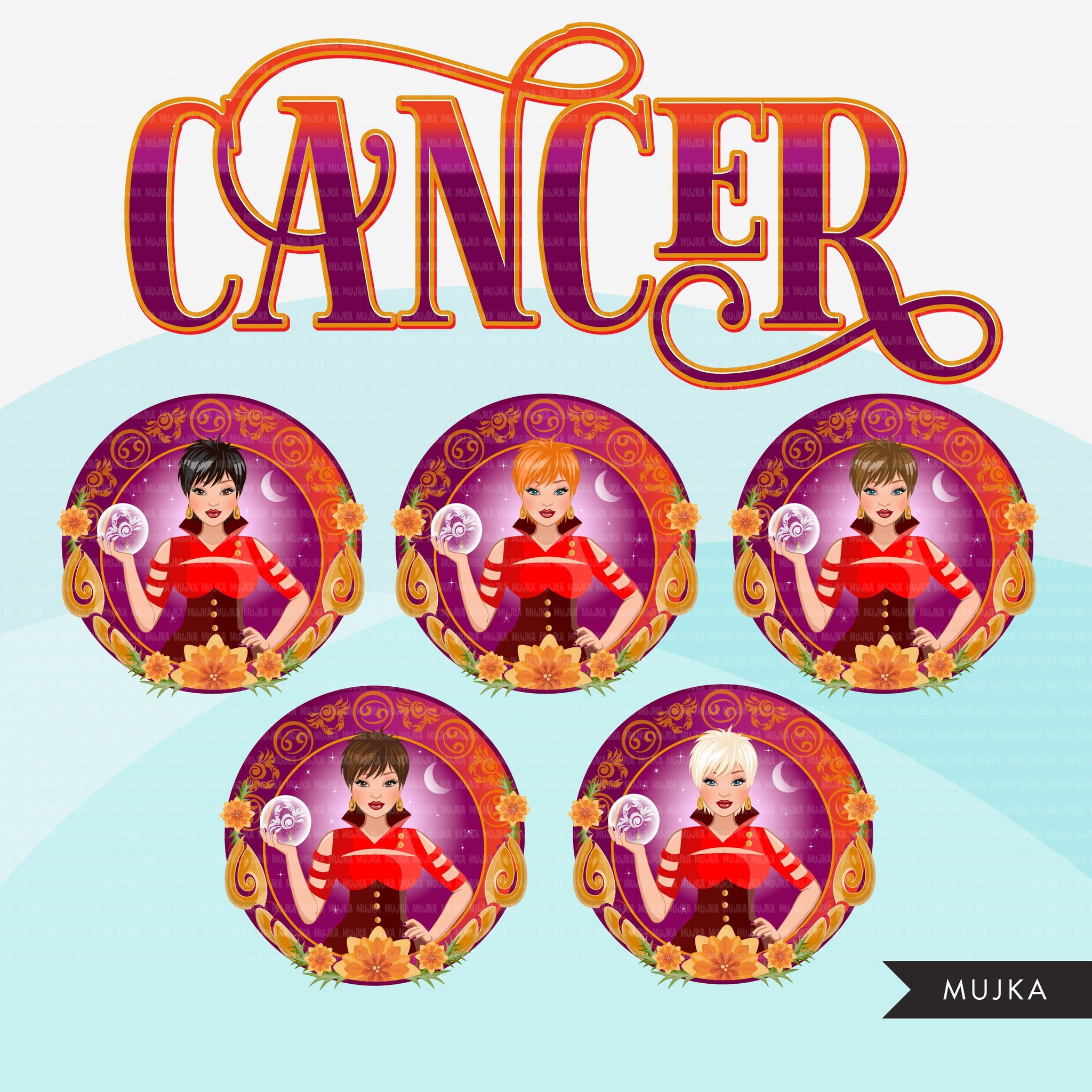 Zodiac Cancer Clipart, Png digital download, Sublimation Graphics for Cricut & Cameo, Caucasian Pixie Hair Woman Horoscope sign designs