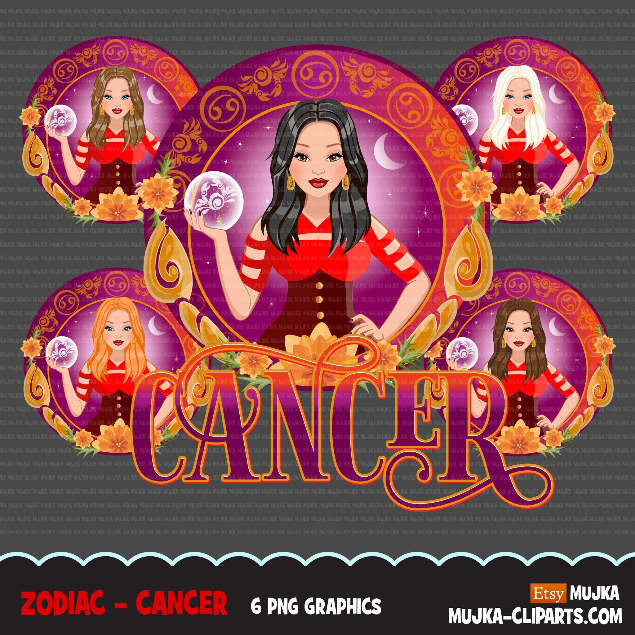 Zodiac Cancer Clipart, Png digital download, Sublimation Graphics for Cricut & Cameo, Caucasian long Hair Woman Horoscope sign designs