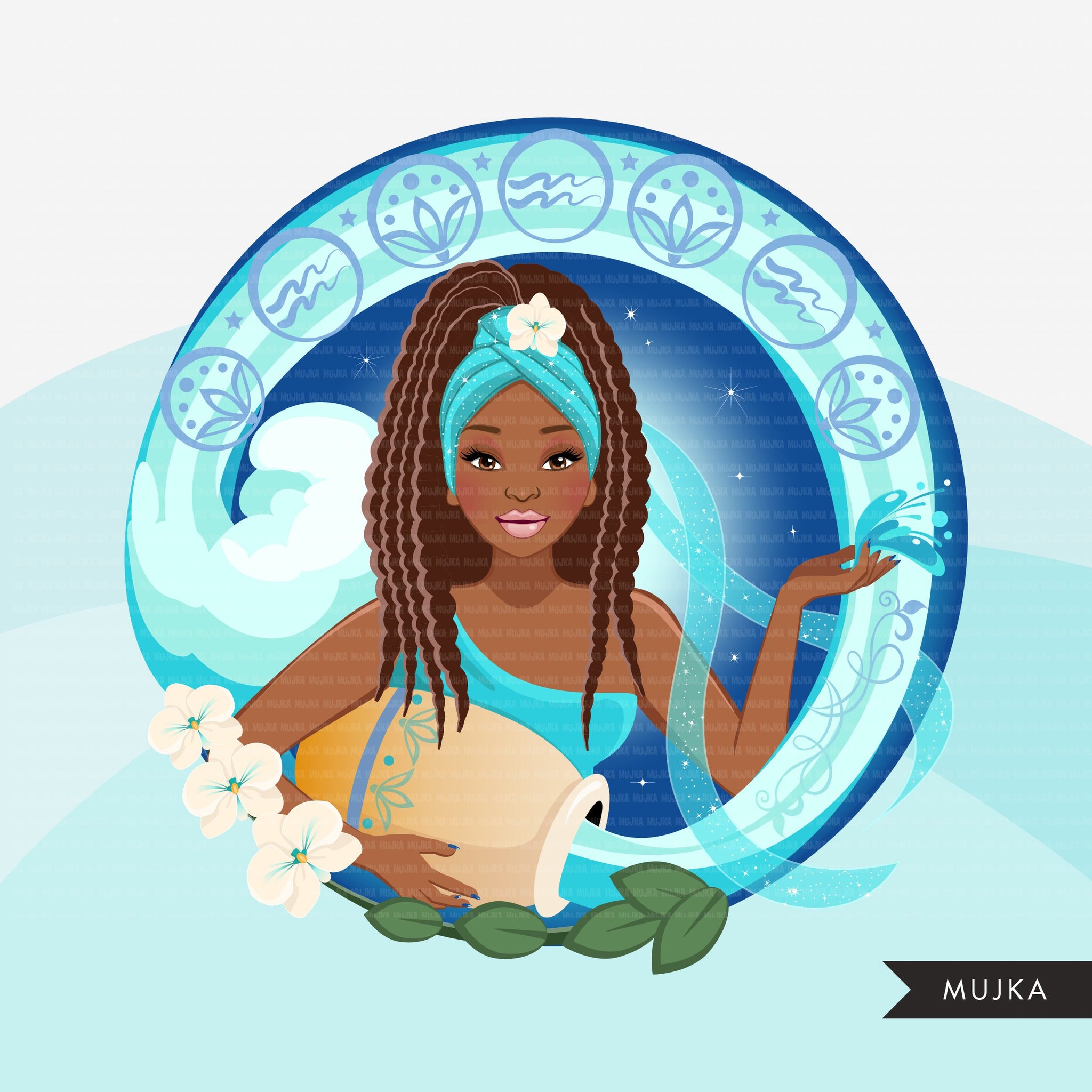 Zodiac Aquarius Clipart, download digital Png, gráficos de sublimação para Cricut e Cameo, designs de signos de horóscopo de mulher de cabelo com trança preta