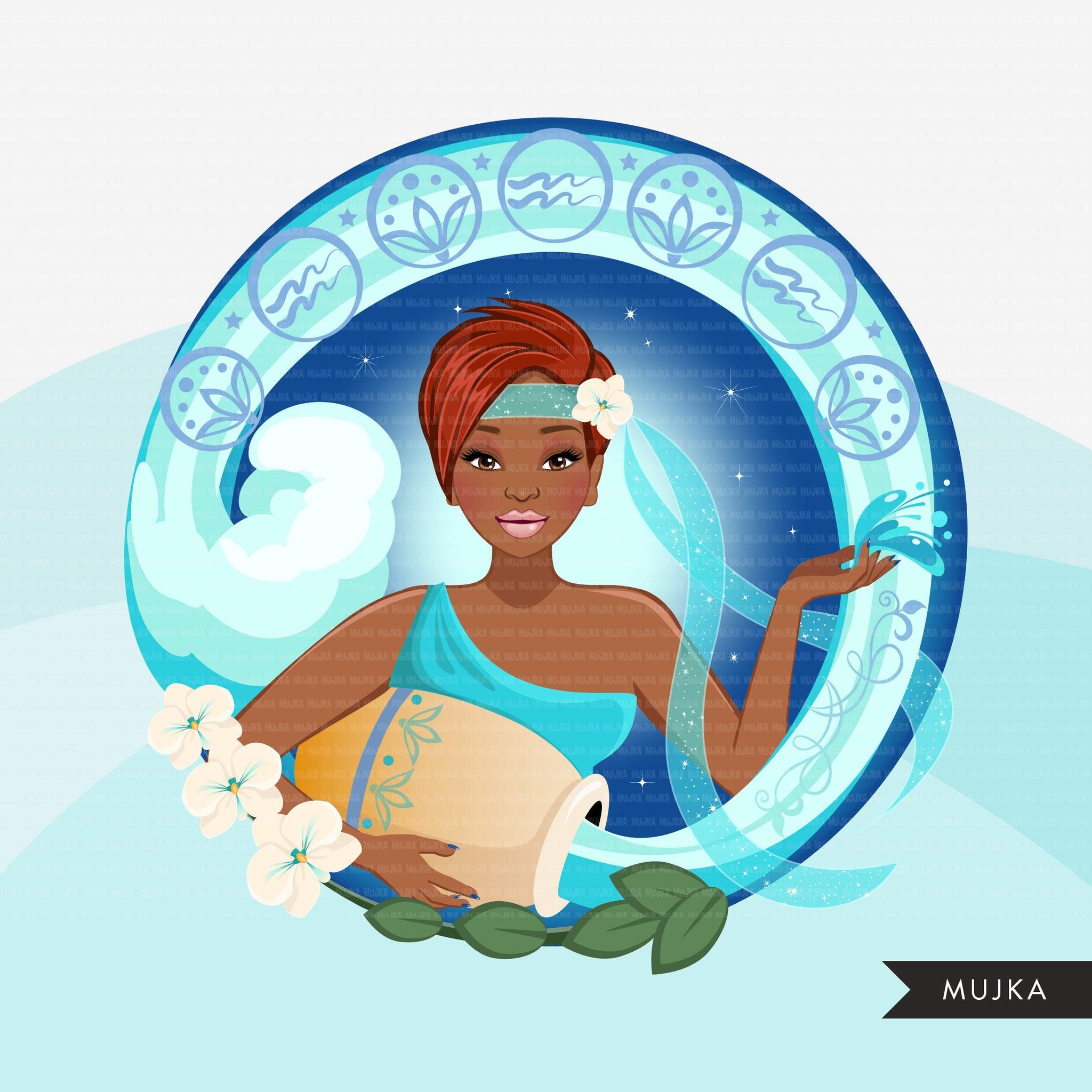 Zodiac Aquarius Clipart, Png digital download, Sublimation Graphics for Cricut & Cameo, Black Pixie Hair Woman Horoscope sign designs