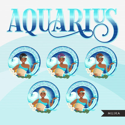 Zodiac Aquarius Clipart, Png digital download, Sublimation Graphics for Cricut & Cameo, Black Pixie Hair Woman Horoscope sign designs
