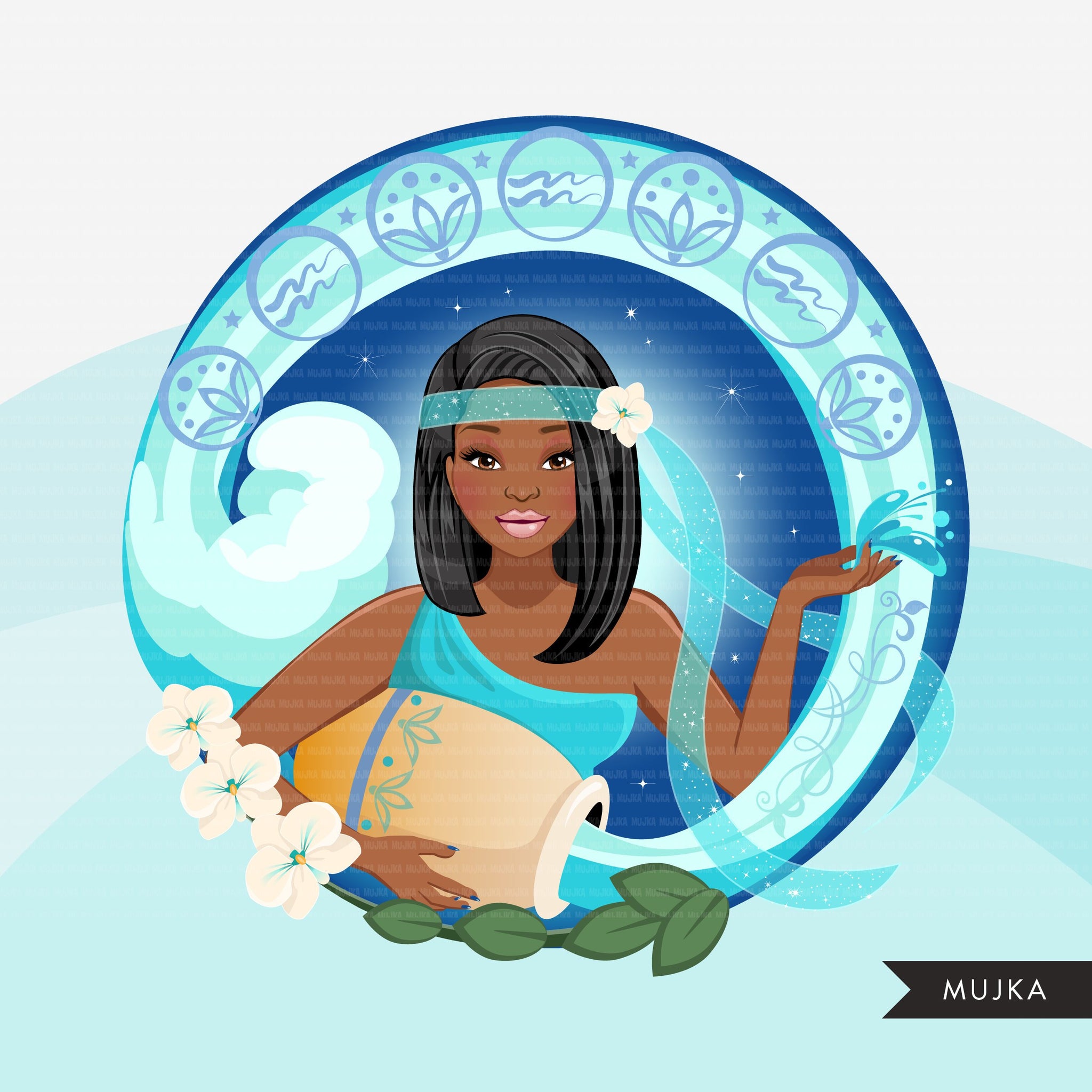 Zodiac Aquarius Clipart, Png digital download, Sublimation Graphics for Cricut & Cameo, Black Long Hair Woman Horoscope sign designs