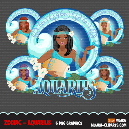 Zodiac Aquarius Clipart, Png digital download, Sublimation Graphics for Cricut & Cameo, Black Long Hair Woman Horoscope sign designs
