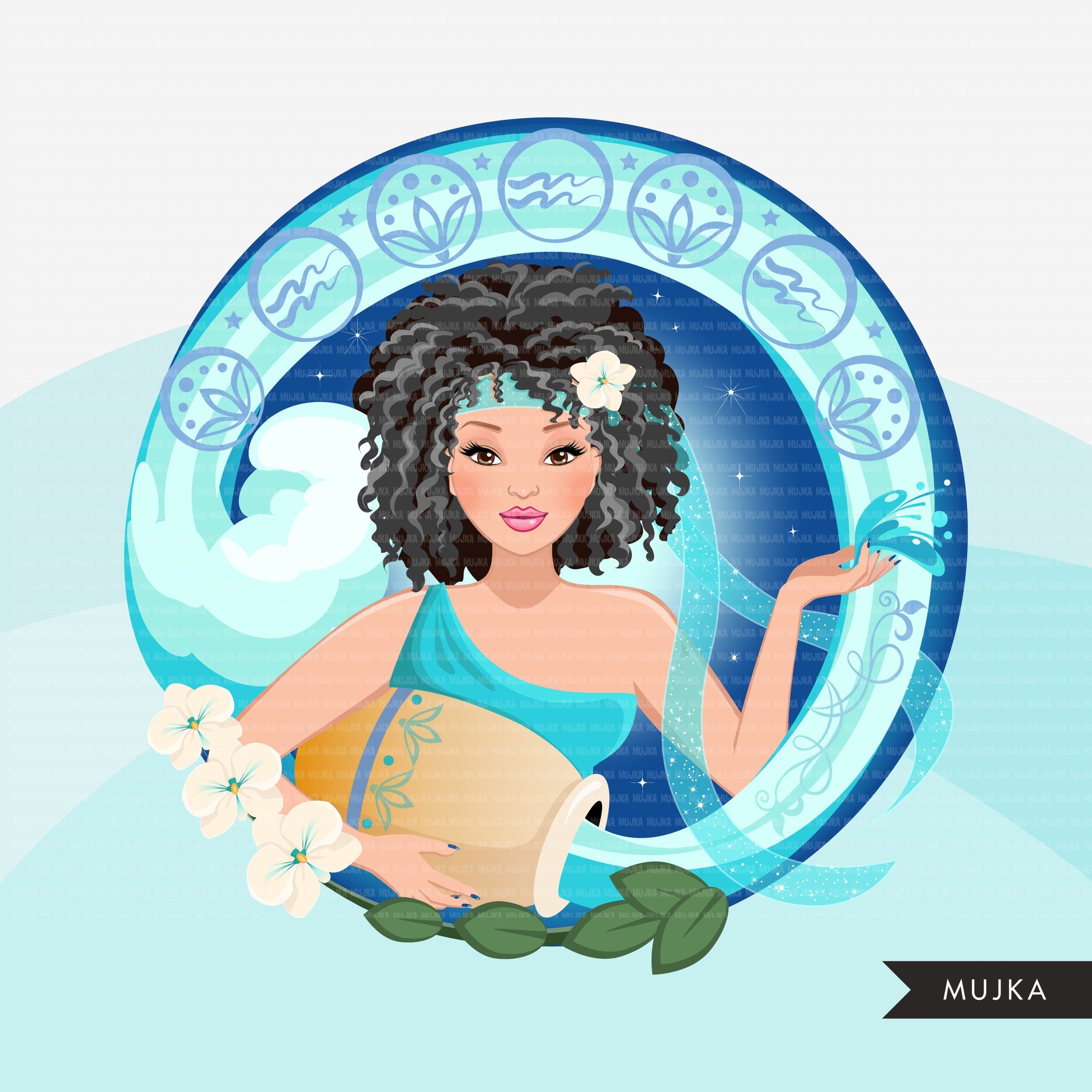 Zodiac Aquarius Clipart, Png digital download, Sublimation Graphics for Cricut & Cameo, Caucasian Curly Hair Woman Horoscope sign designs
