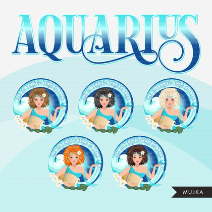 Zodiac Aquarius Clipart, Png digital download, Sublimation Graphics for Cricut & Cameo, Caucasian Curly Hair Woman Horoscope sign designs