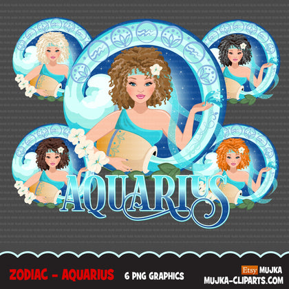 Zodiac Aquarius Clipart, Png digital download, Sublimation Graphics for Cricut & Cameo, Caucasian Curly Hair Woman Horoscope sign designs