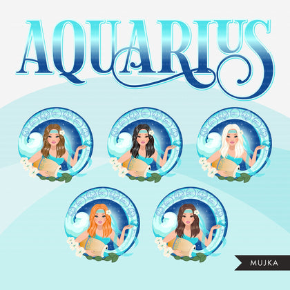 Zodiac Aquarius Clipart, Png digital download, Sublimation Graphics for Cricut & Cameo, Caucasian Short Hair Woman Horoscope sign designs