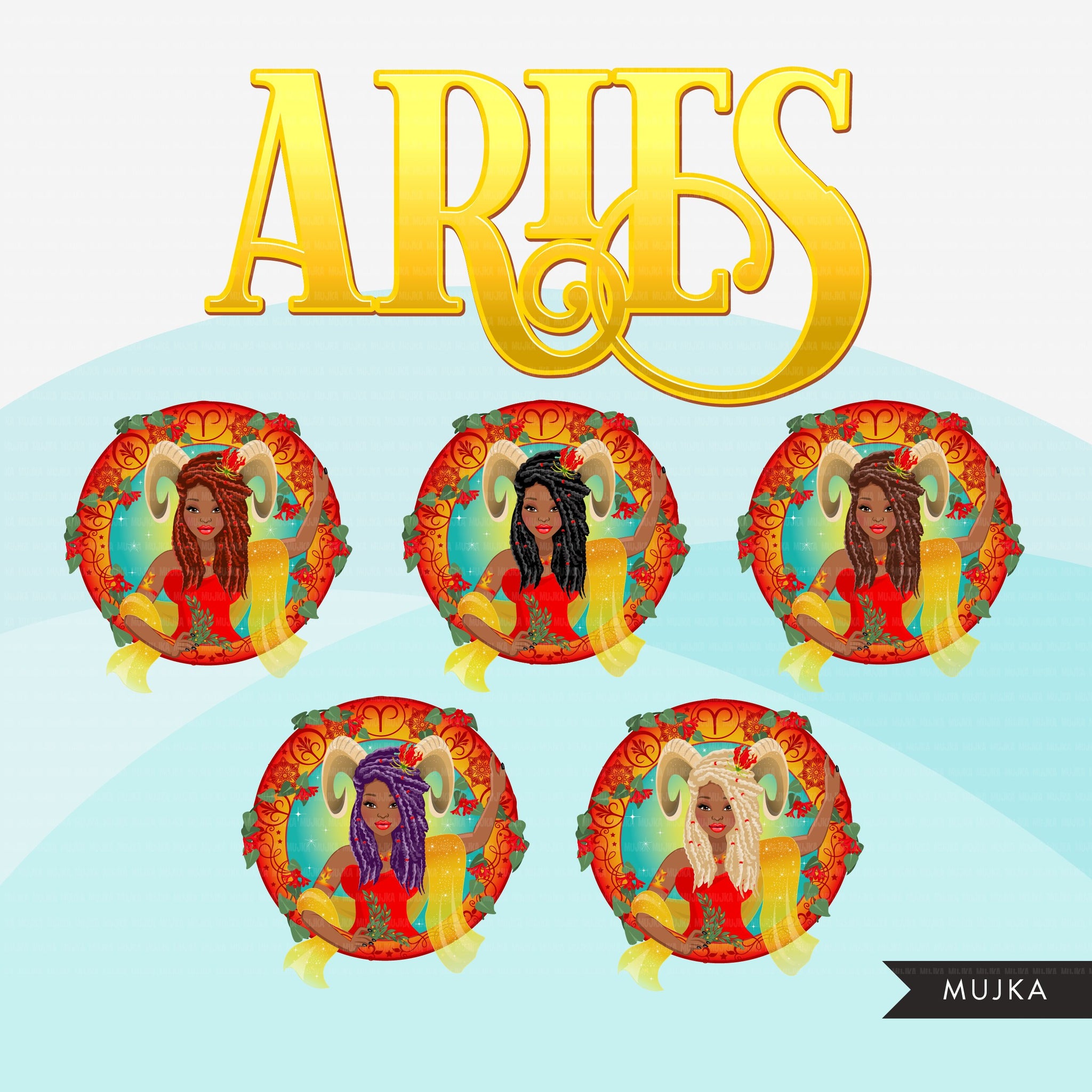Zodiac Aries Clipart, descarga digital Png, gráficos de sublimación para Cricut &amp; Cameo, diseños de signos del horóscopo de mujer de trenzas negras