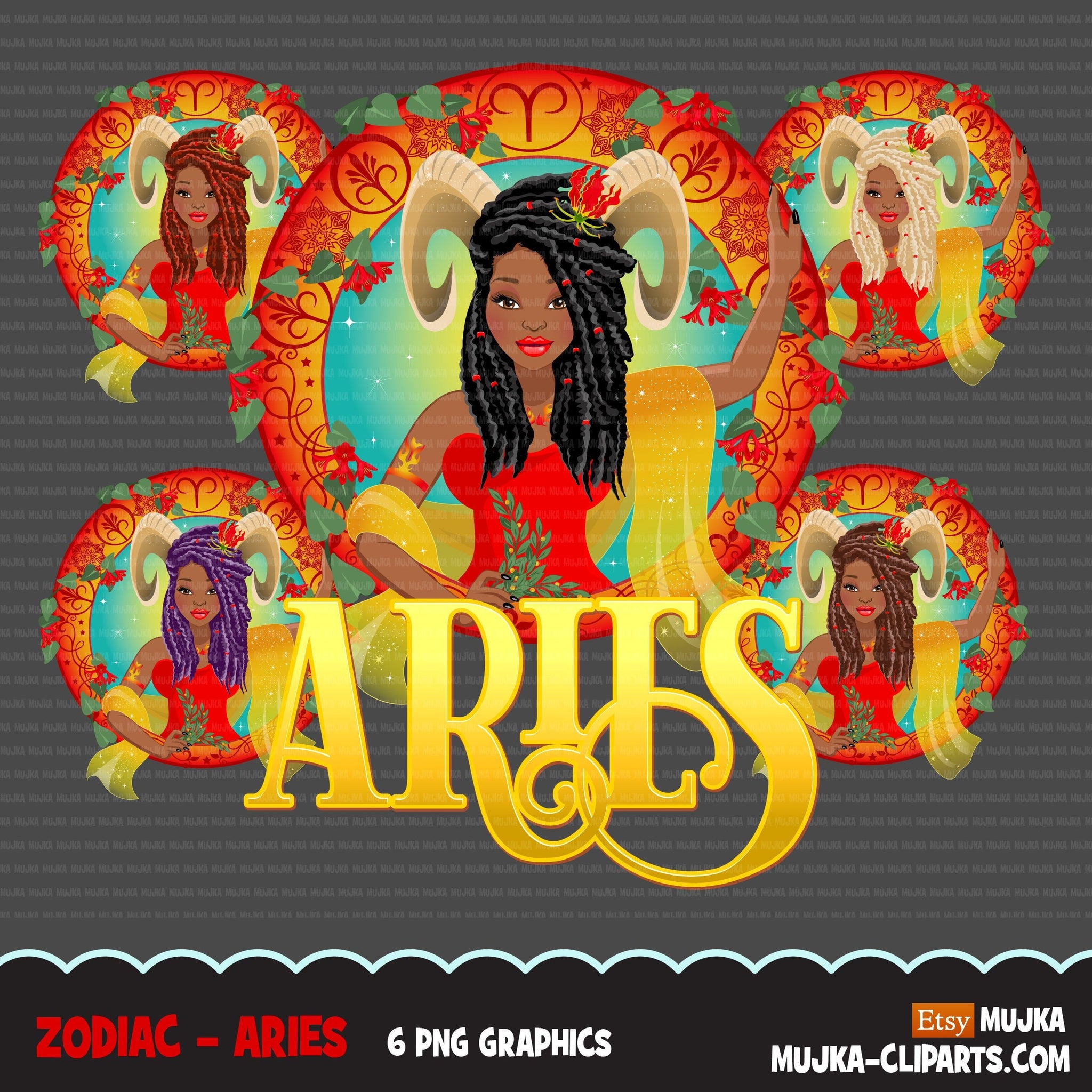 Zodiac Aries Clipart, Png digital download, Sublimation Graphics for Cricut & Cameo, Black Braids Woman Horoscope sign designs