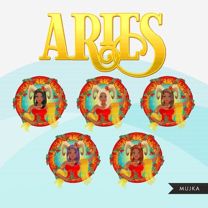 Zodiac Aries Clipart, Png digital download, Sublimation Graphics for Cricut & Cameo, Black Long hair Woman Horoscope sign designs