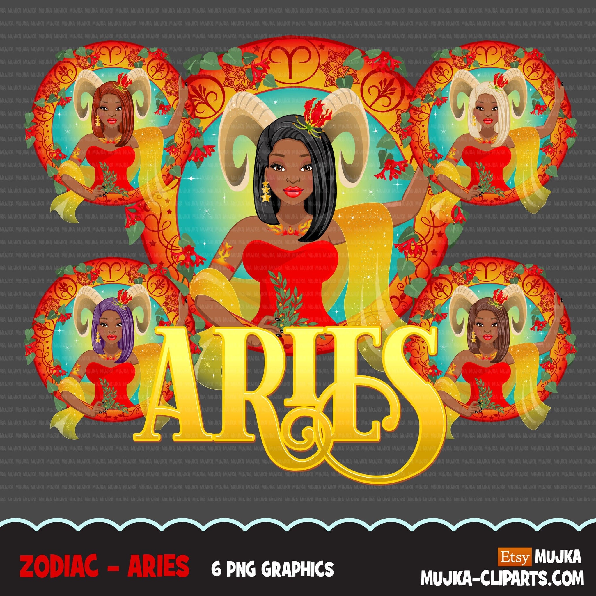 Zodiac Aries Clipart, Png digital download, Sublimation Graphics for Cricut & Cameo, Black Long hair Woman Horoscope sign designs