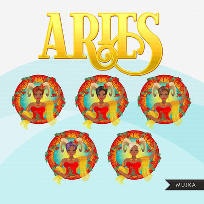 Zodiac Aries Clipart, Png digital download, Sublimation Graphics for Cricut & Cameo, Black pixie hair Woman Horoscope sign designs
