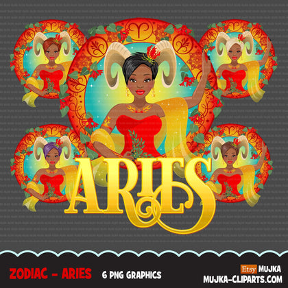Zodiac Aries Clipart, Png digital download, Sublimation Graphics for Cricut & Cameo, Black pixie hair Woman Horoscope sign designs