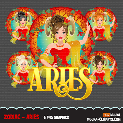 Zodiac Aries Clipart, Png digital download, Sublimation Graphics for Cricut & Cameo, Caucasian messy bun Woman Horoscope sign designs