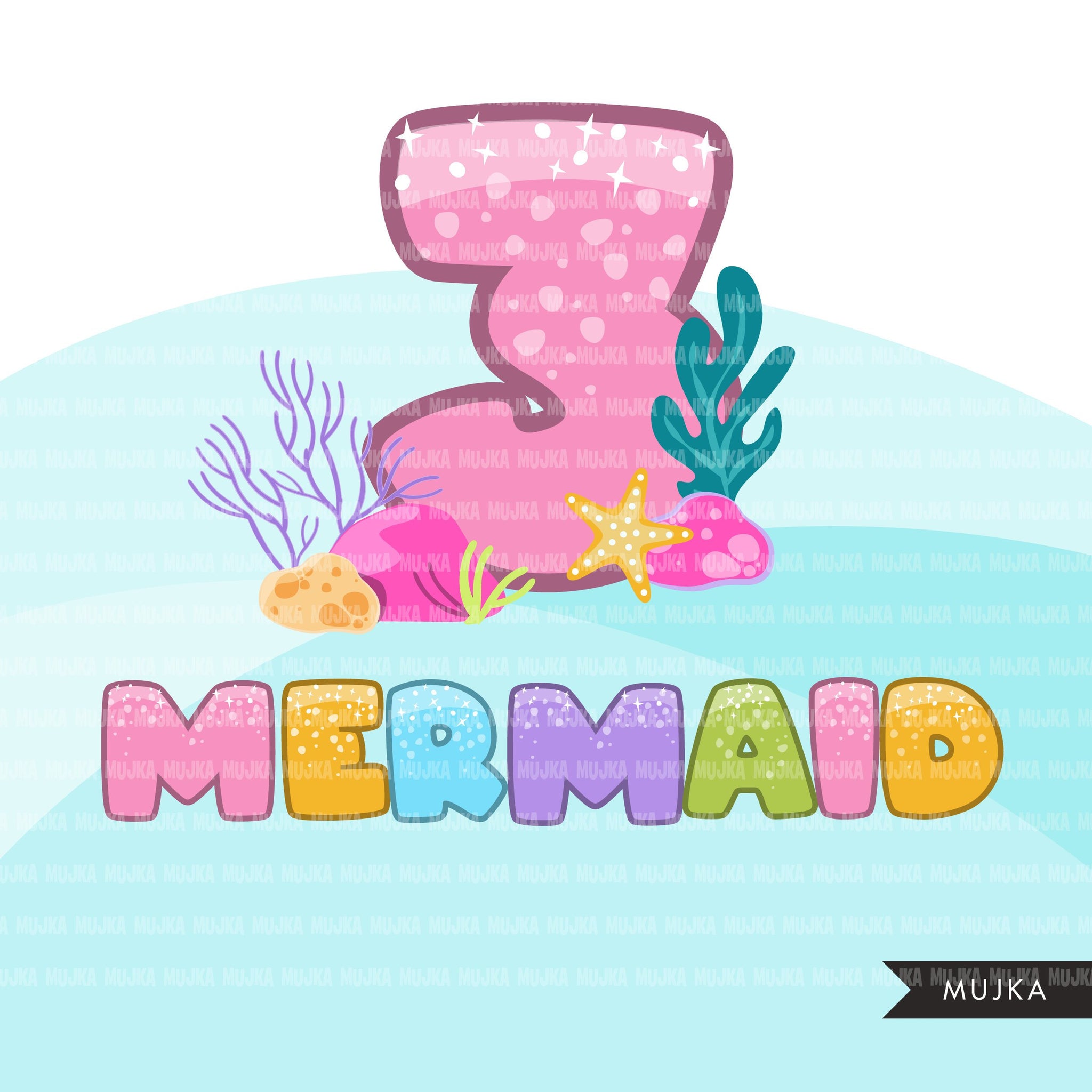 Mermaid Alphabet clipart, rainbow mermaid squad capital letters numbers, colorful sea weed, birthday party, PNG clip art