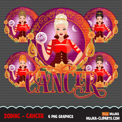 Clipart de câncer do zodíaco, download digital Png, gráficos de sublimação para Cricut e Cameo, designs de signos de horóscopo de mulher com cabelo bagunçado caucasiano