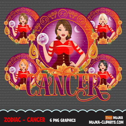 Zodiac Cancer Clipart, Png digital download, Sublimation Graphics for Cricut & Cameo, Caucasian Sort Hair Woman Horoscope sign designs