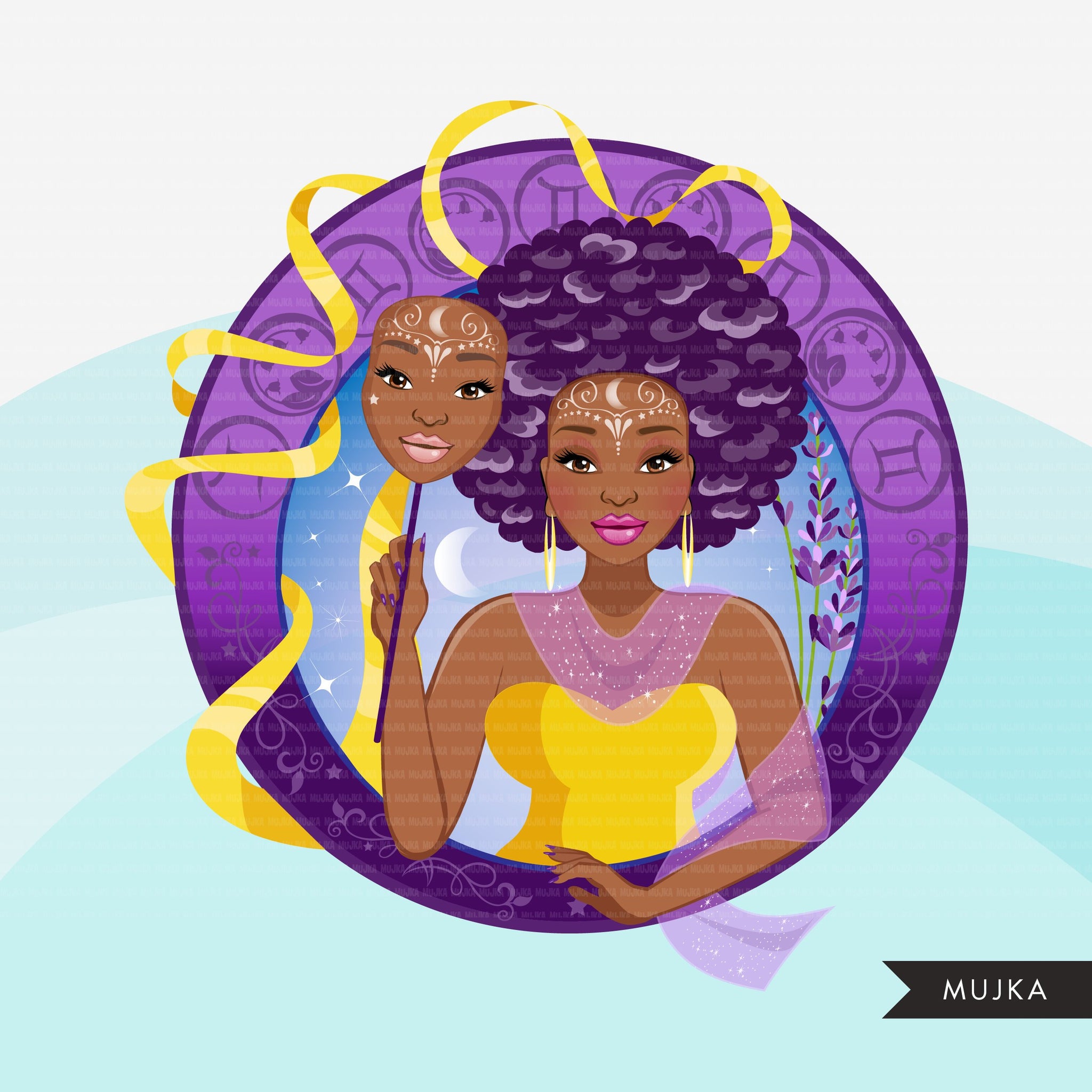 Zodiac Gemini Clipart, download digital Png, gráficos de sublimação para Cricut e Cameo, designs de signos do horóscopo da mulher negra afro