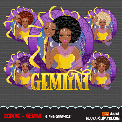 Zodiac Gemini Clipart, Png digital download, Sublimation Graphics for Cricut & Cameo, Black Afro Woman Horoscope sign designs