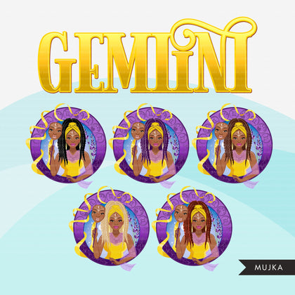 Zodiac Gemini Clipart, Png digital download, Sublimation Graphics for Cricut & Cameo, Black Braided Woman Horoscope sign designs