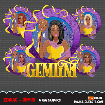 Zodiac Gemini Clipart, Png digital download, Sublimation Graphics for Cricut & Cameo, Black straight hair Woman Horoscope sign designs
