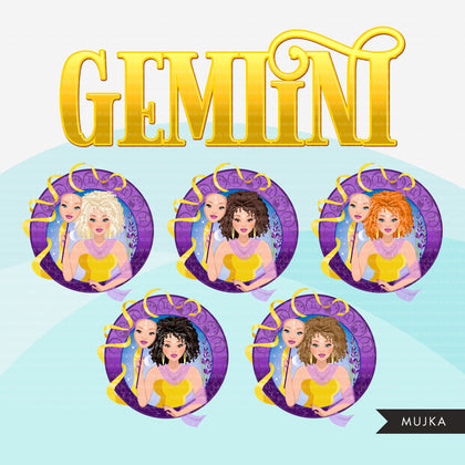 Zodiac Gemini Clipart, Png digital download, Sublimation Graphics for Cricut & Cameo, Caucasian curly hair Woman Horoscope sign designs