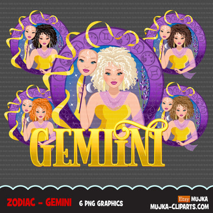 Zodiac Gemini Clipart, Png digital download, Sublimation Graphics for Cricut & Cameo, Caucasian curly hair Woman Horoscope sign designs