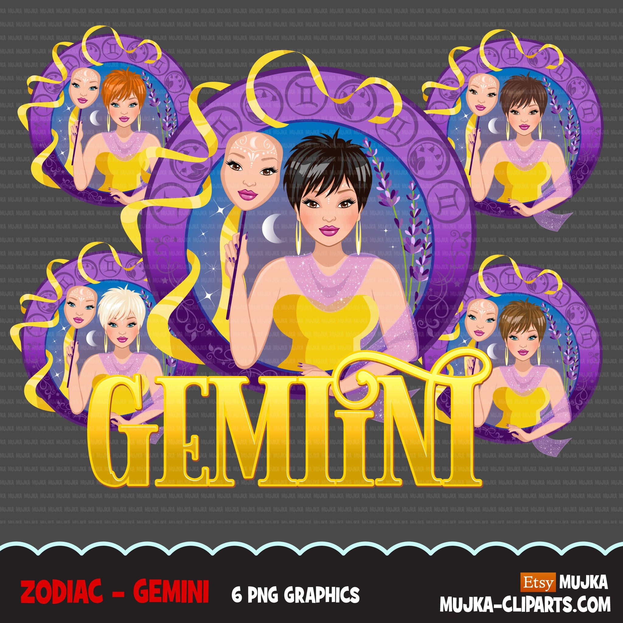 Zodiac Gemini Clipart, Png digital download, Sublimation Graphics for Cricut & Cameo, Caucasian pixie hair Woman Horoscope sign designs