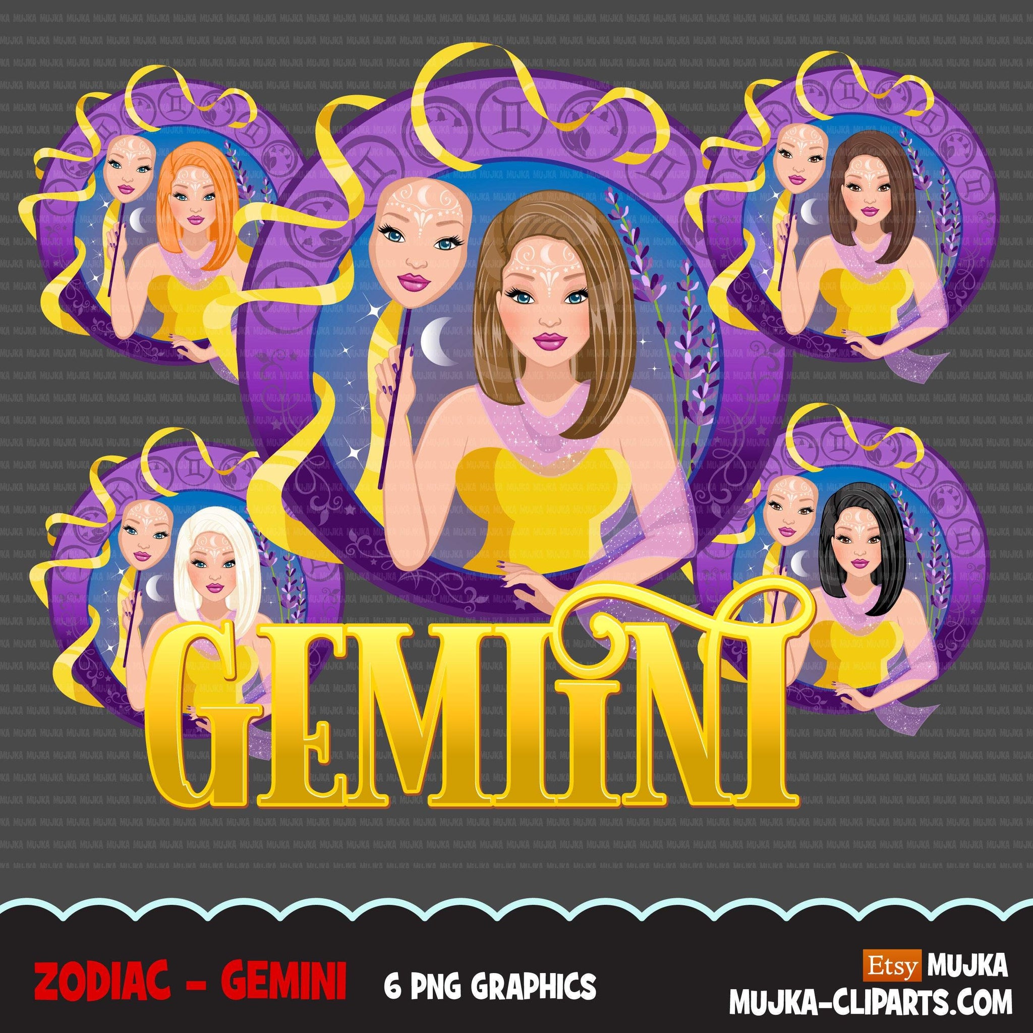 Zodiac Gemini Clipart, Descarga digital Png, Gráficos de sublimación para Cricut &amp; Cameo, diseños de signos del horóscopo de mujer de cabello lacio caucásico