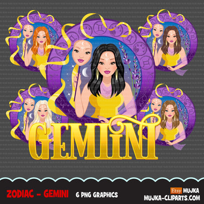 Zodiac Gemini Clipart, Png digital download, Sublimation Graphics for Cricut & Cameo, Caucasian long hair Woman Horoscope sign designs